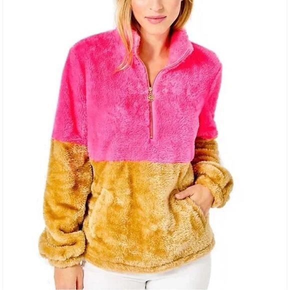 Lilly Pulitzer Pink Tan Sherpa Half Zip Fleece Teddy Jacket Size S - Picture 1 of 6